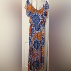 London Times Blue Sundress with Flutter Sleeves and Scoop Neck for Wedding Guest